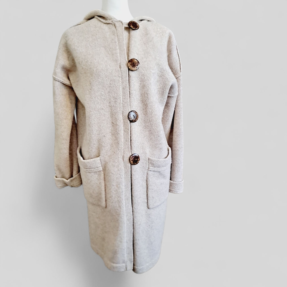 Chico's Cream Lambswool Long Coat  Knitwear With Hood. Size 1